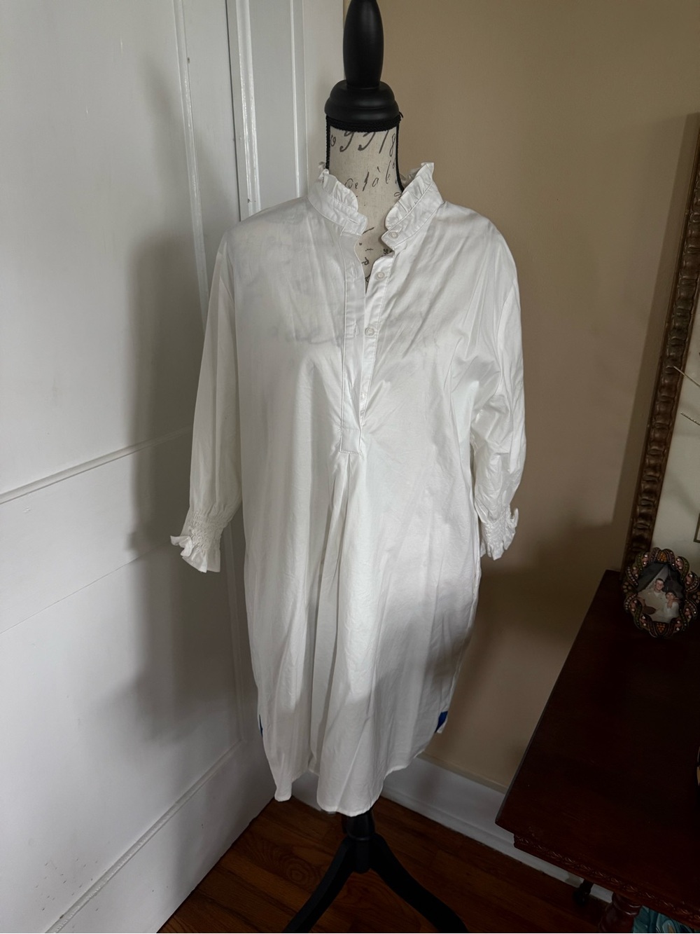 White Ruffle-Collar Long Sleeve Shirt Dress